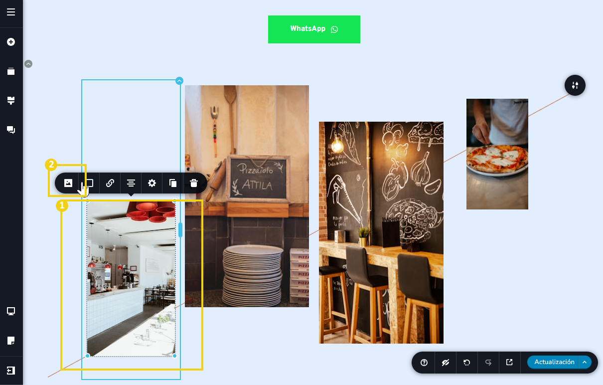 pantalla del editor del nuevo creador con IA, mostrando una imagen de un sitio ejemplo y el menú de edición de la imagen, destacando el ícono de imagen para hacer clic