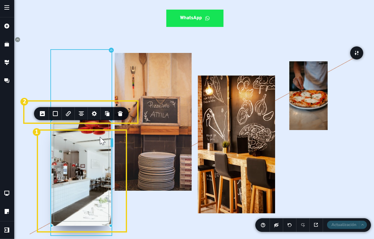 pantalla del editor creador de sitios con ia, destacando la selección de la imagen a editar y la barra de menú de la imagen
