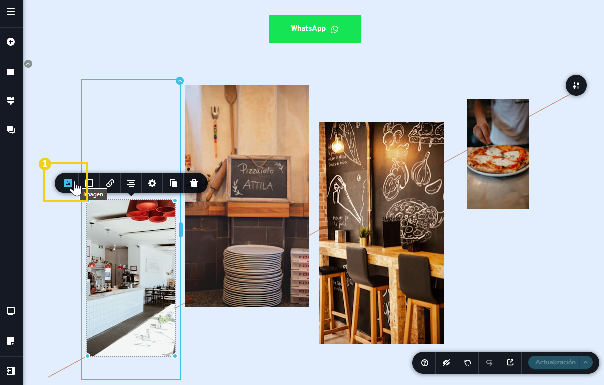 pantalla del editor creador de sitios con ia, destacando el ícono de imagen