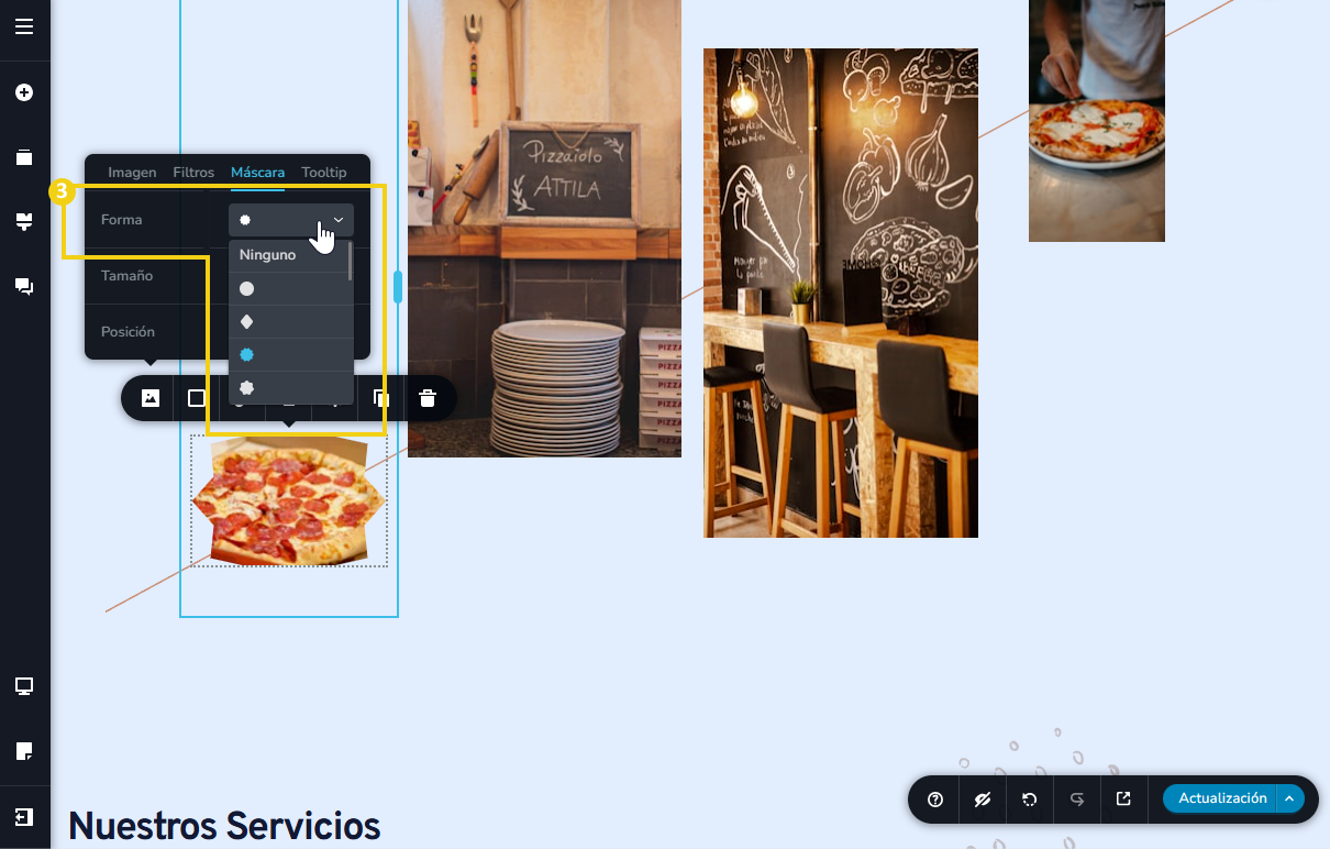 pantalla del editor creador de sitios con ia, destacando en el menú de imagen y en la parte de máscara la forma de máscara