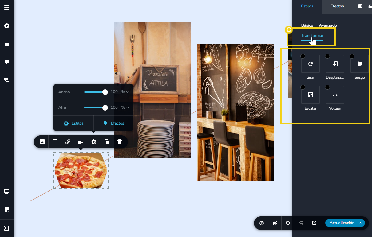 Pantalla del editor creador de sitios con ia, destacando la configuración del estilo de la imagen transformar