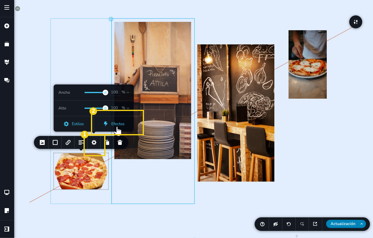 Pantalla del editor creador de sitios con ia, destacando el ícono de engranaje para configurar efectos