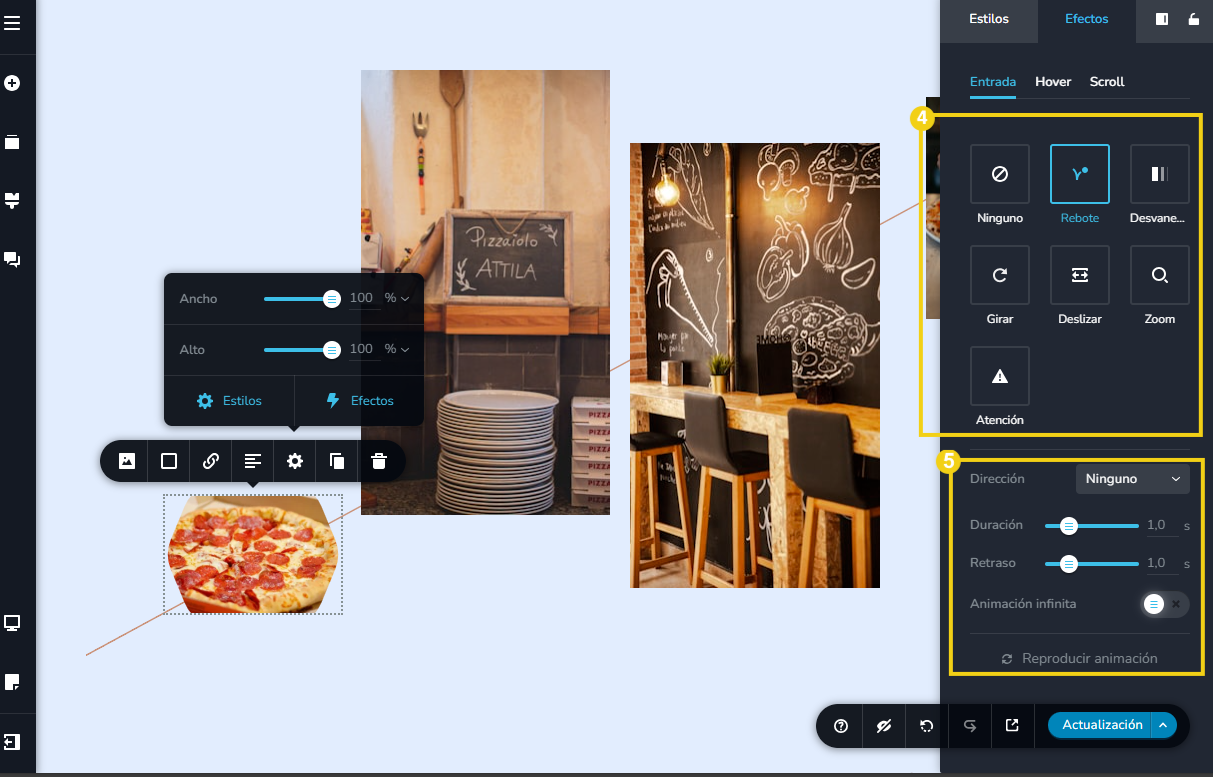 Pantalla del editor creador de sitios con ia, destacando el elegir efectos