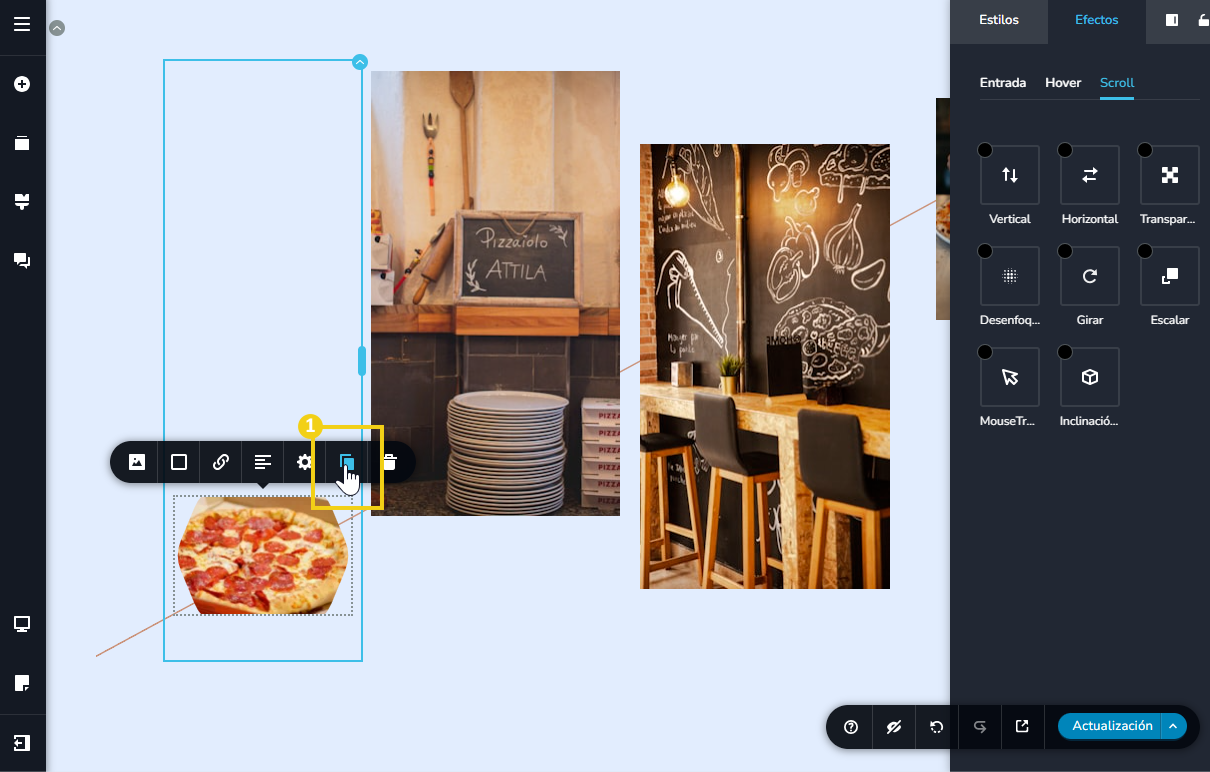 Pantalla del editor creador de sitios con ia, destacando el ícono de duplicar