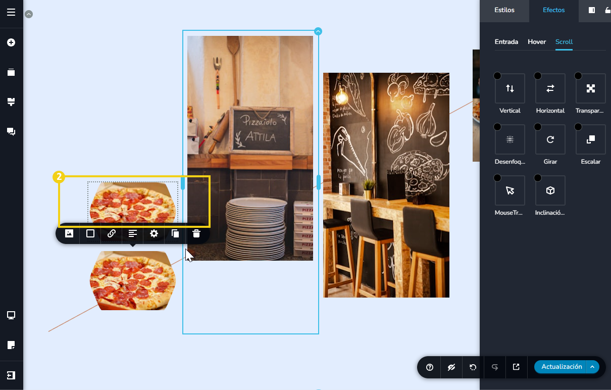 Pantalla del editor creador de sitios con ia, destacando el acomodar la imagen de duplicar