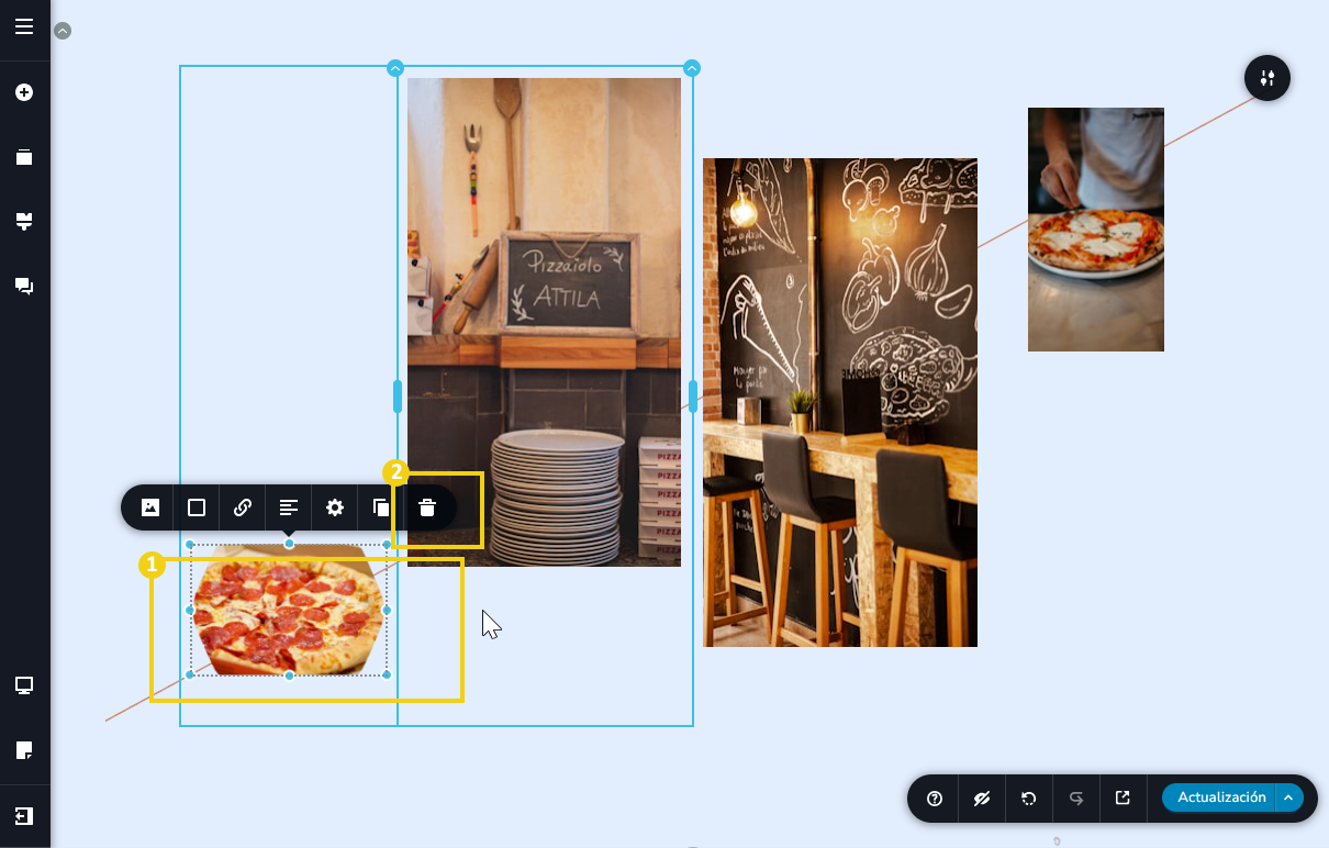 Pantalla del editor creador de sitios con ia, destacando el ícono de eliminar imagen