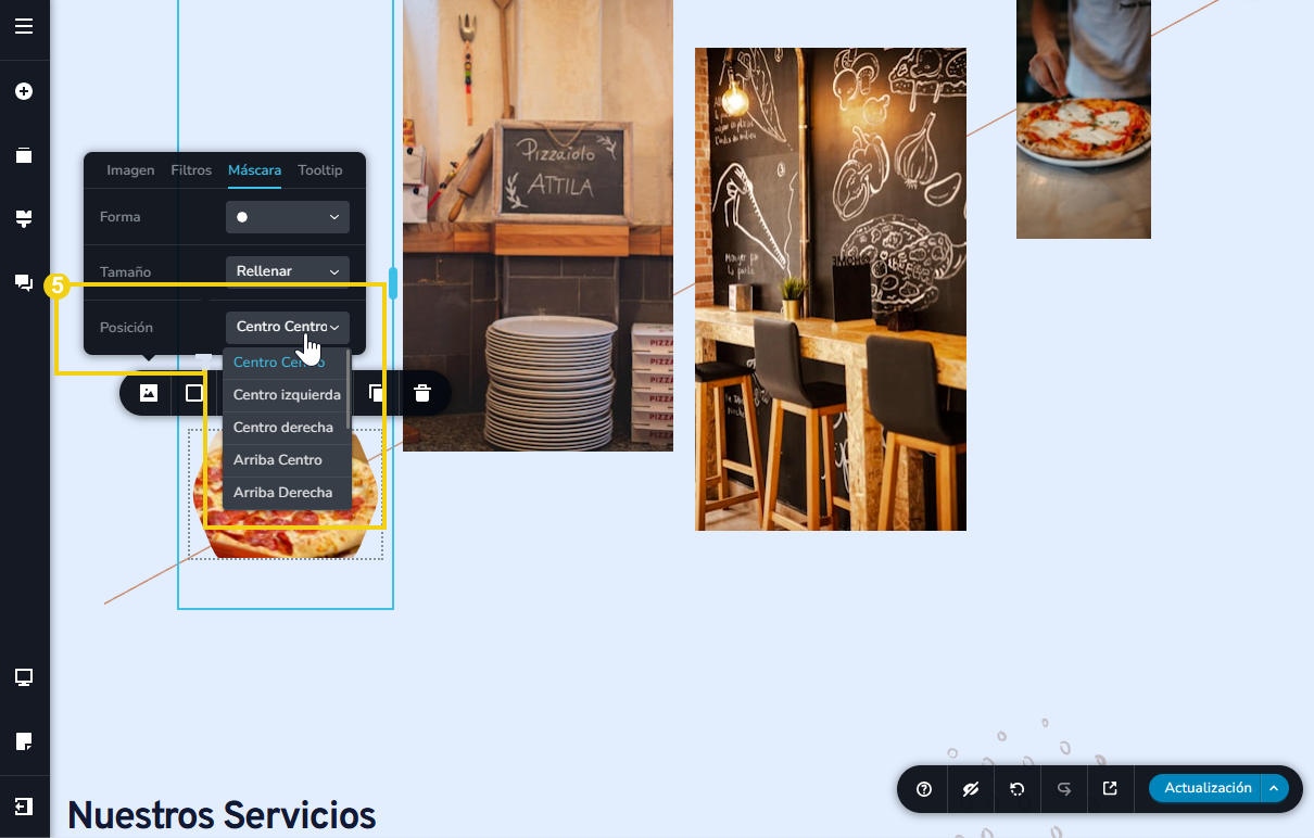 pantalla del editor creador de sitios con ia, destacando la posición de la máscara