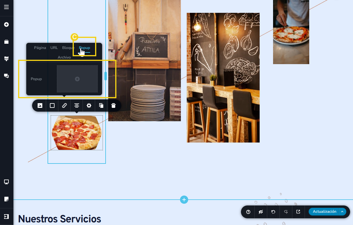 Pantalla del editor creador de sitios con ia, destacando el enlace vía popup