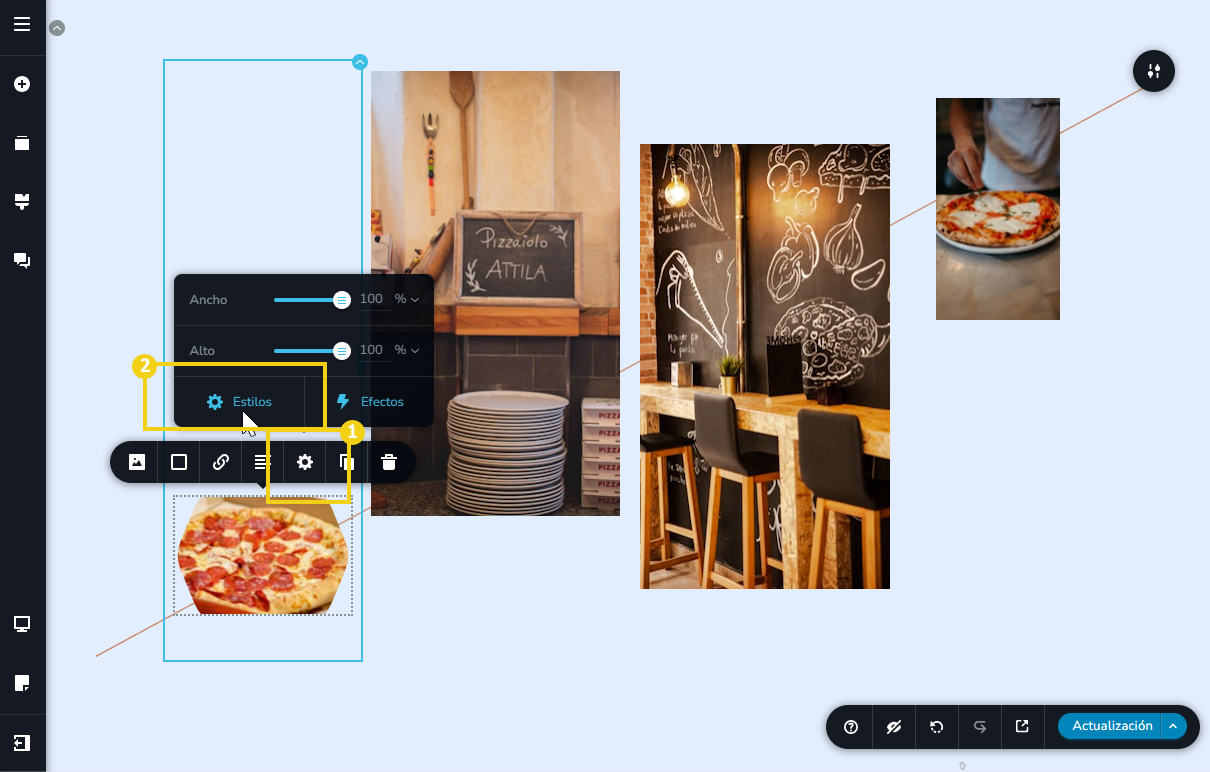Pantalla del editor creador de sitios con ia, destacando la configuración del estilo de la imagen