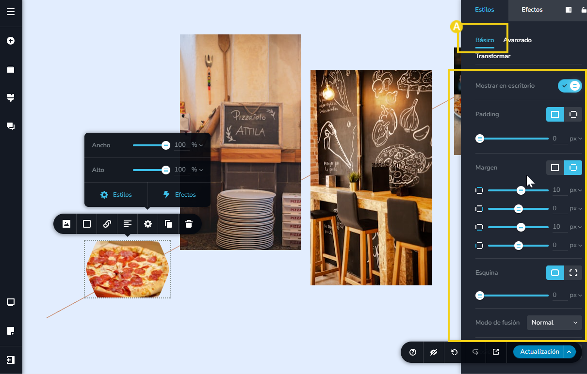 Pantalla del editor creador de sitios con ia, destacando la configuración del estilo de la imagen básica