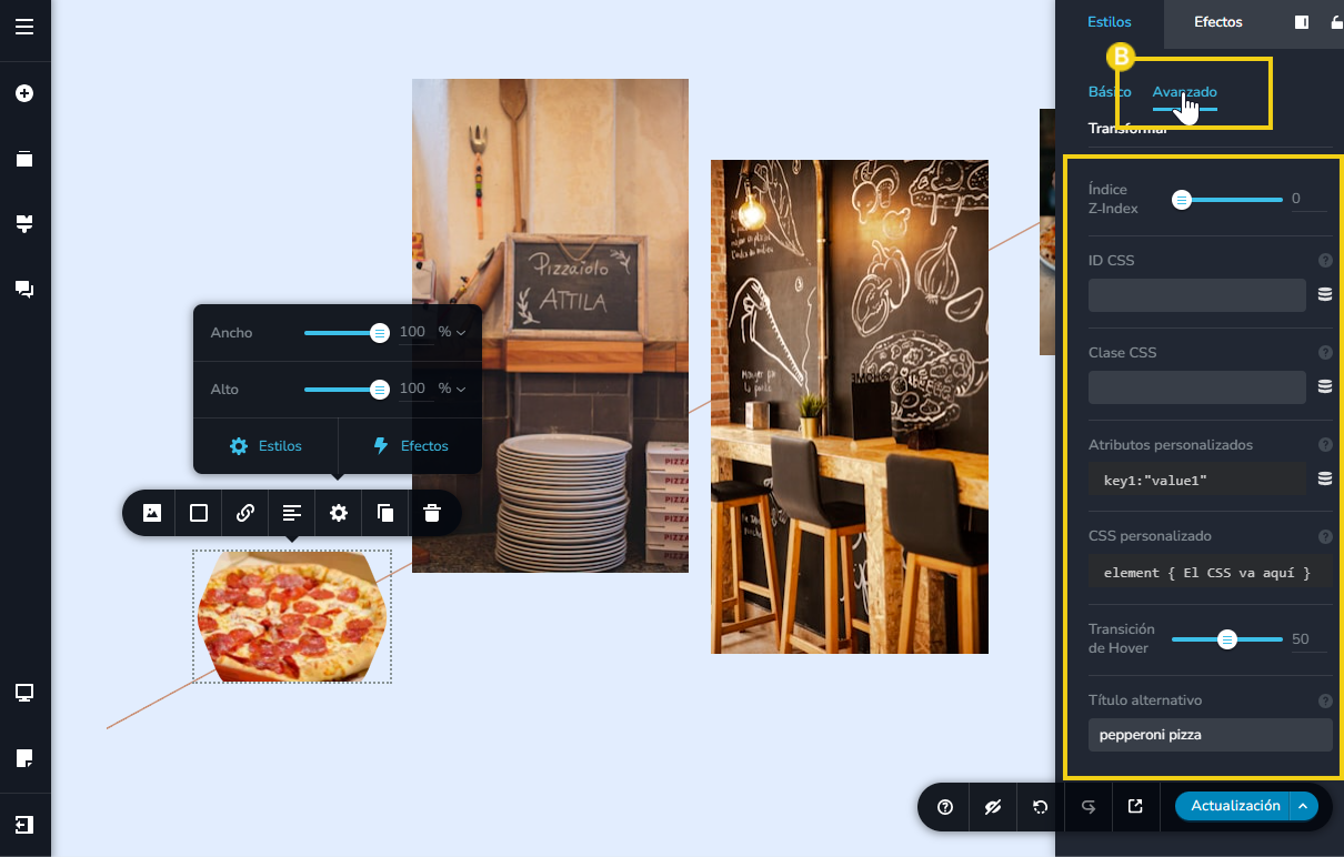 Pantalla del editor creador de sitios con ia, destacando la configuración del estilo de la imagen avanzada