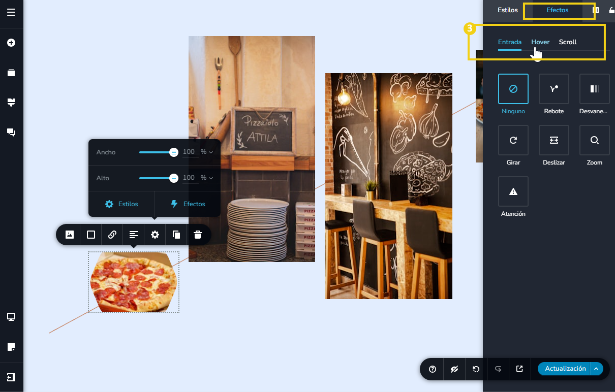 Pantalla del editor creador de sitios con ia, destacando tipos de efectos