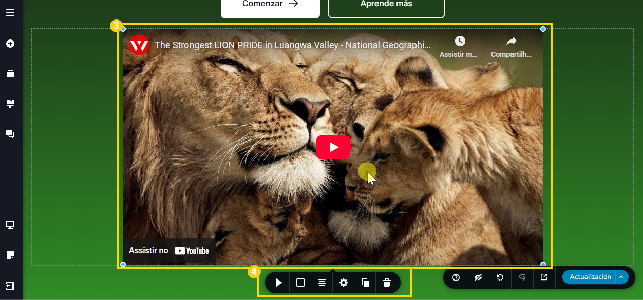 Imagen muestra que al hacer clic en el video agregado se abre un menú, y para incluir el video que desea, necesita hacer clic en el primer elemento que es una flecha