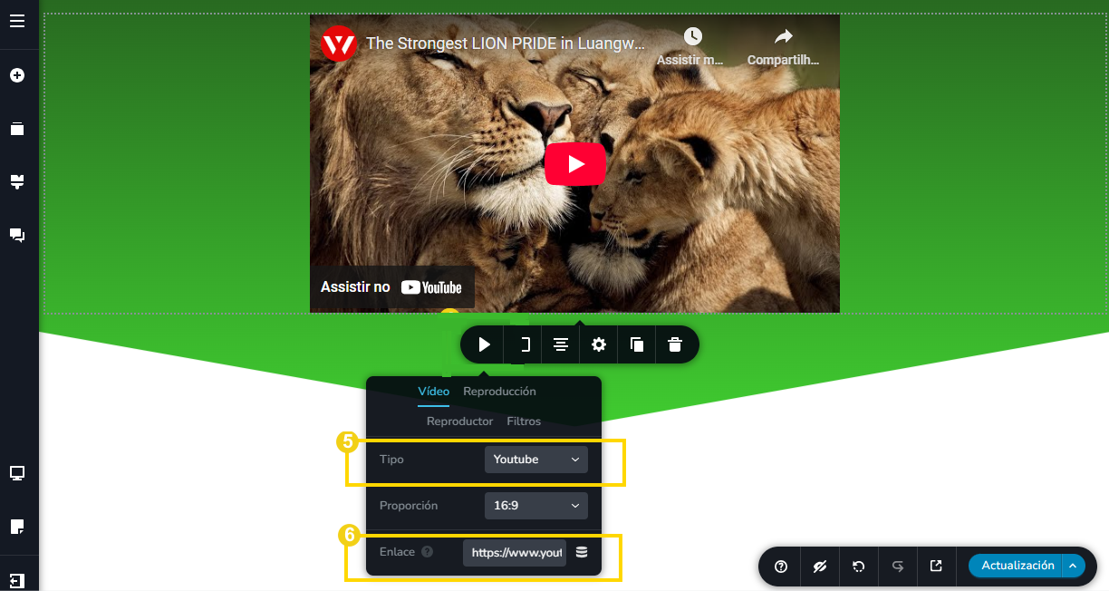 Imagen muestra que al hacer clic en la flecha se abren las opciones para elegir el tipo de plataforma del video, por ejemplo, YouTube y luego en Enlace hay un campo para pegar la URL del video que desea agregar