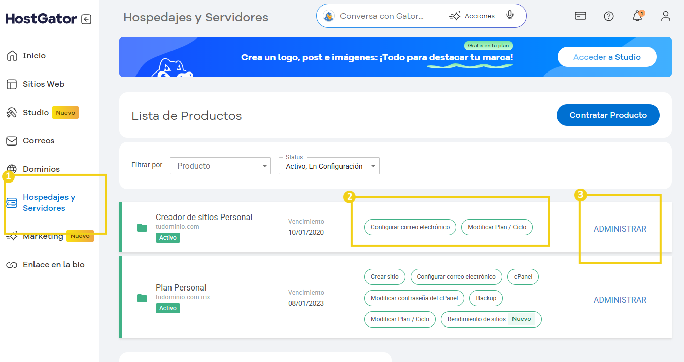 Imagen ilustrativa mostrando el portal del cliente, destacando en el menu lateral hospedajes y servidores y dentro de el el creador de sitios personal