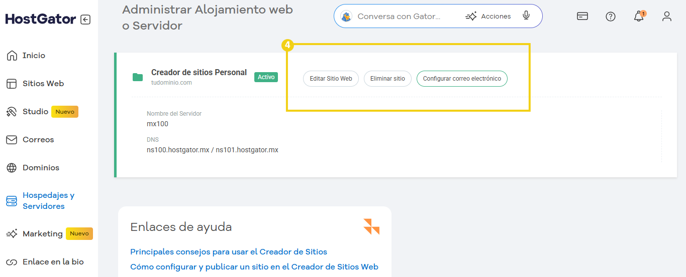 Imagen ilustrativa mostrando el portal del cliente, destacando en el menu lateral hospedajes y servidores y dentro la pagina de administrar creador de sitios