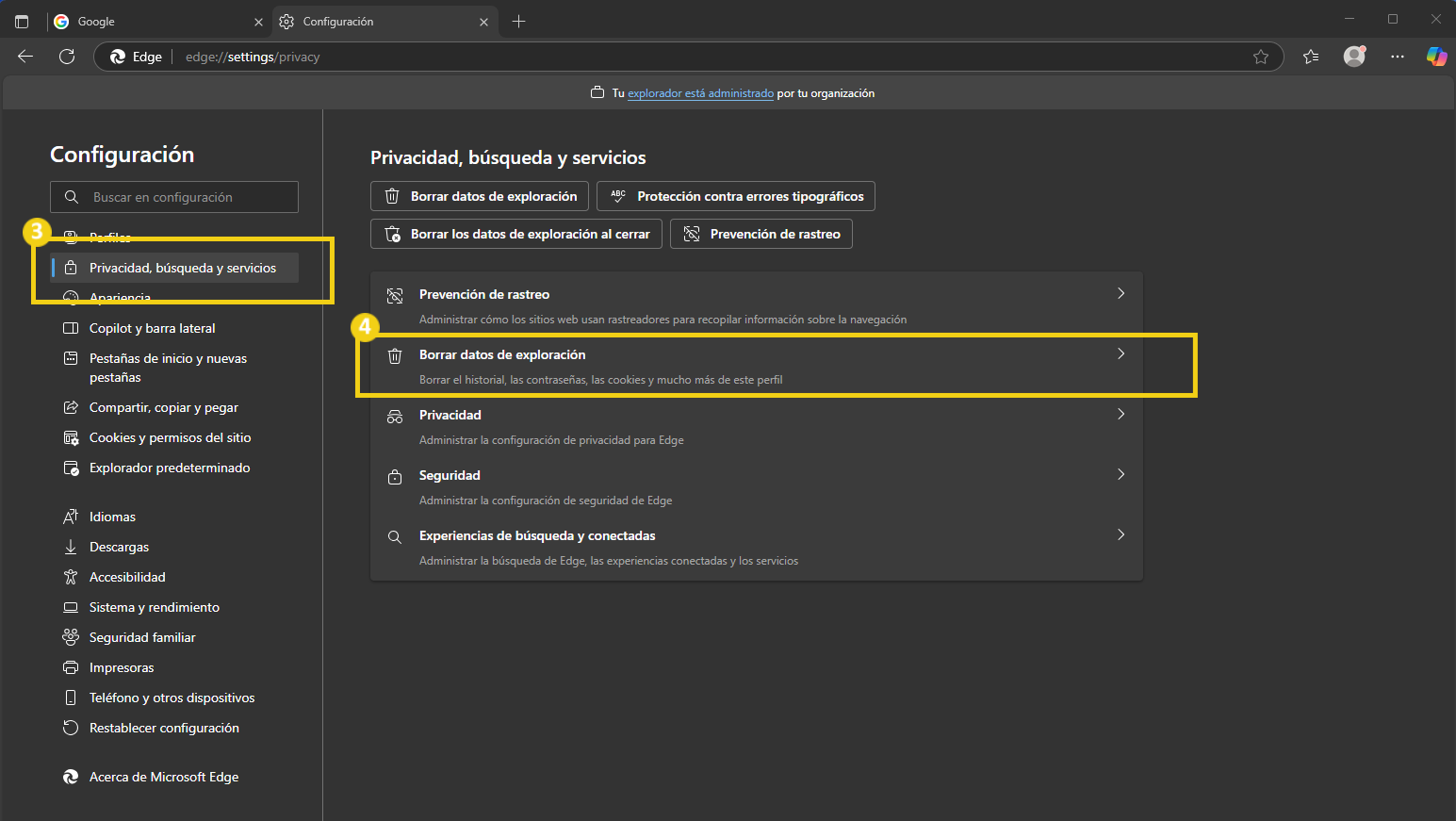Imagen ilustrativa que muestra las configuraciones de privacidad del navegador Edge, destacando la opción de limpiar datos de navegación.