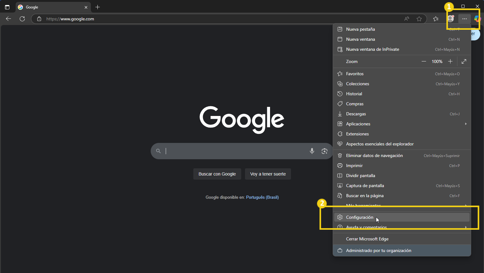 Imagen de la pantalla del navegador Microsoft Edge con el menú de configuraciones abierto, mostrando la opción 'Configuraciones'.