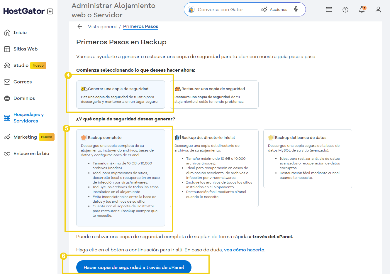 Imagen ilustrativa del panel de HostGator, mostrando el proceso de copia de seguridad de sitios, incluyendo opciones para generar copias de seguridad completas o específicas a través del panel cPanel. Destacado en la imagen el botón para hacer copia de seguridad a través de cPanel.