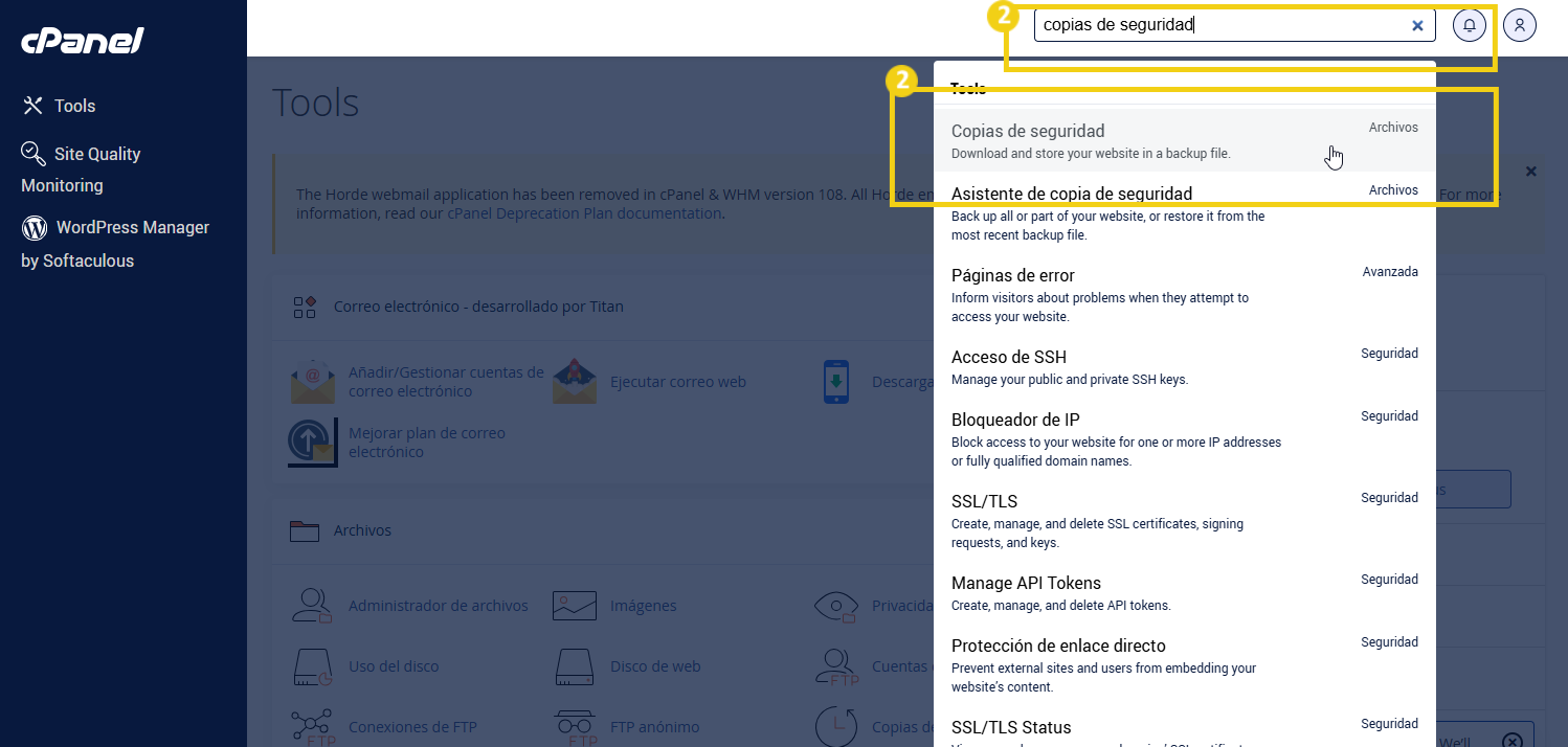 Imagen demostrando cómo usar la herramienta de respaldo en el panel de cPanel