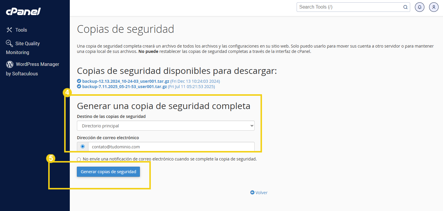 Pantalla de generación de copia de seguridad completa en el panel de control cPanel, mostrando opciones de destino, correo electrónico y el botón 'Generar copia de seguridad' activado.