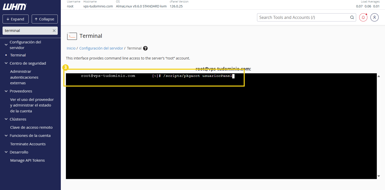 Imagen de un terminal de comando de Linux del WHM mostrando acceso root al terminal, con énfasis en la línea de comando.