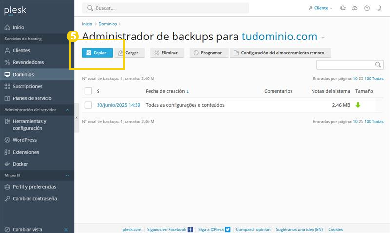 Pantalla de gestión de copias de seguridad en Plesk mostrando opciones para descargar el archivo