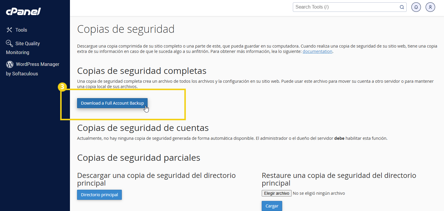 Pantalla del panel de backup de cPanel mostrando la opción de generar un backup completo para almacenamiento seguro.