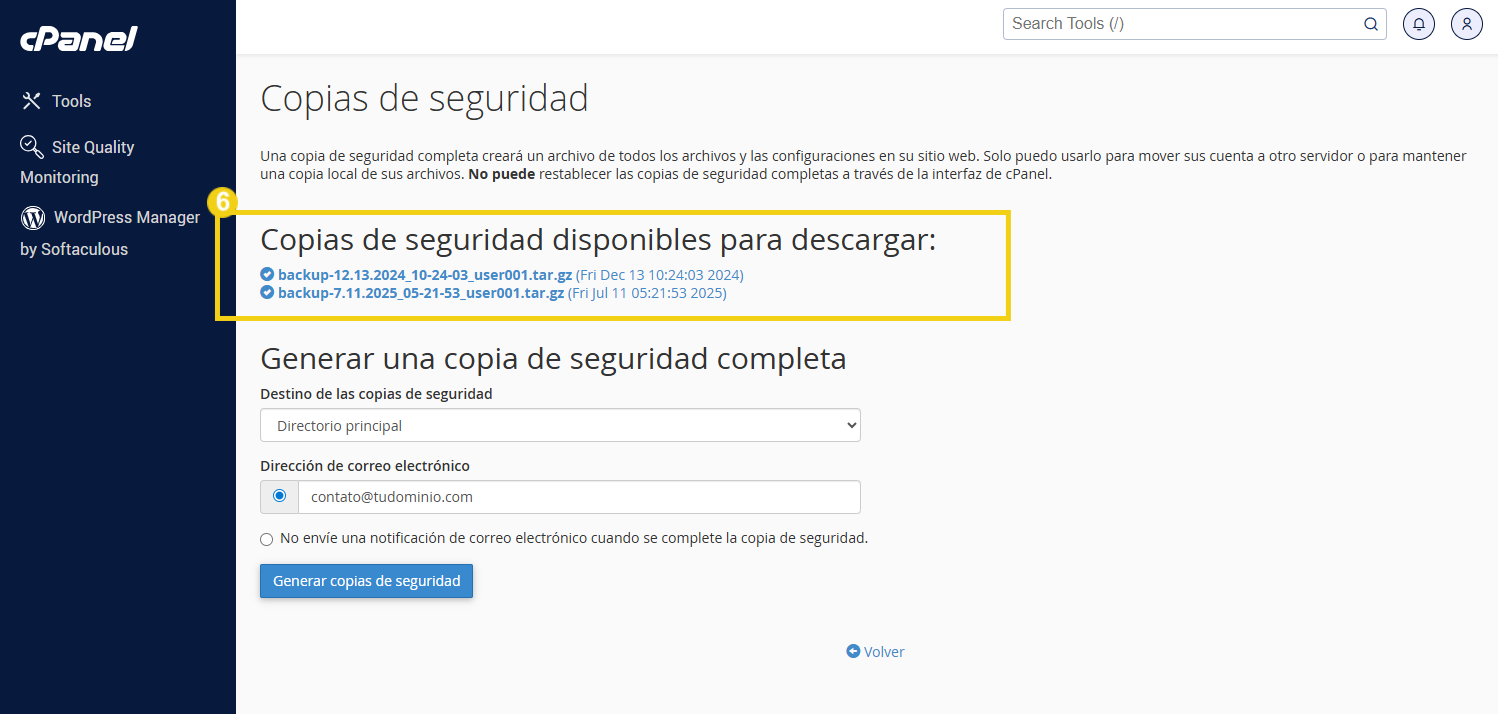 Imagem de uma tela de painel do cPanel mostrando opções para download de backups disponíveis, com destaque para o arquivo de backup disponível para download.