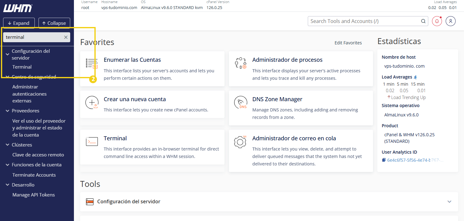 Pantalla inicial del panel de gestión WHM, destacando la opción de Terminal