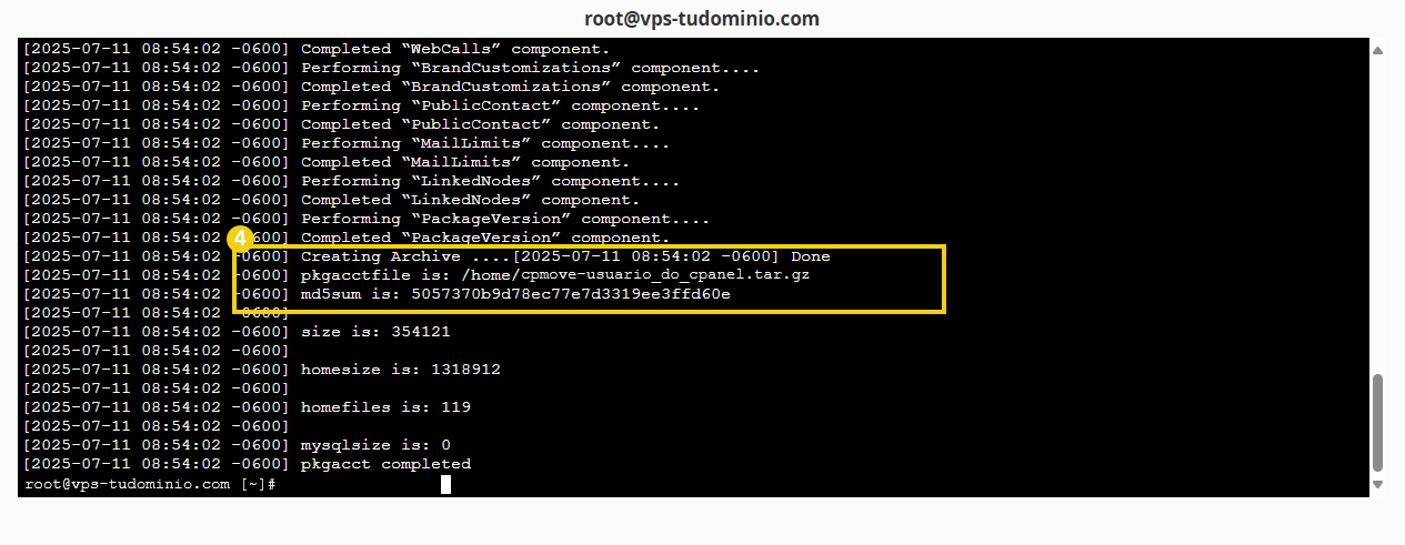 Registro de creación de archivo de respaldo del servidor en una pantalla de terminal de sistema, destacando el comando para crear un archivo de respaldo
