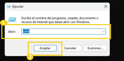 Imagen que muestra cómo abrir el Símbolo del sistema (CMD) en Windows. Paso a paso para ingresar el comando 'cmd' en la ventana Ejecutar y acceder al terminal del sistema.