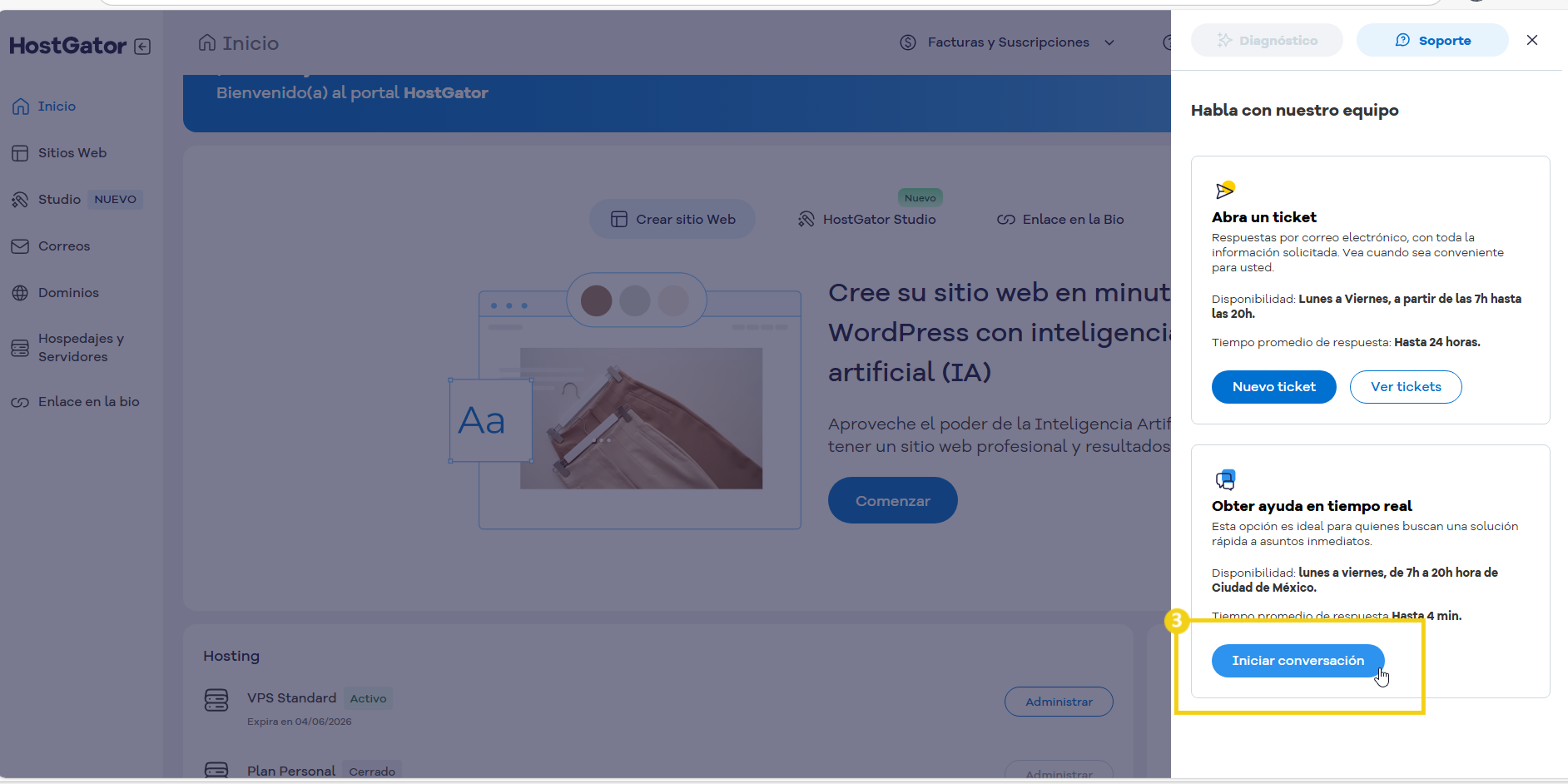 Imagen del portal mostrando en la parte de soporte el boton de iniciar conversacion via chat