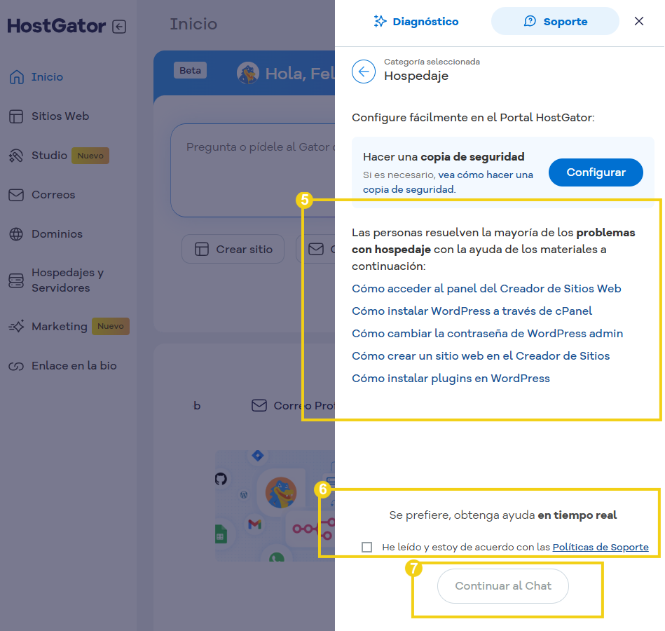 Imagen mostrando el portal del cliente la parte de soporte, despues de escoger la categoria, destacando los materiales de apoyo y el boton continuar al chat
