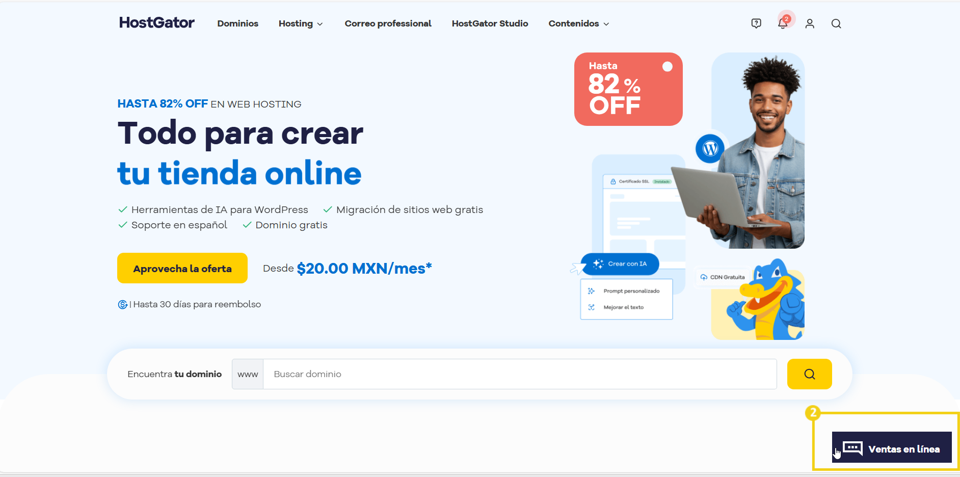 imagen ilustrativa del sitio web de hostgator, destacando en la parte inferior el boton de ventas en linea