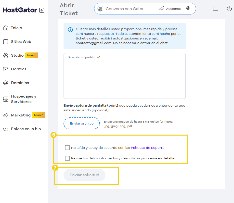 imagen del portal en la parte de soporte y tickets mostrando un ejemplo de formulario para enviar uma solicitación a soporte destacando el boton enviar solicitud