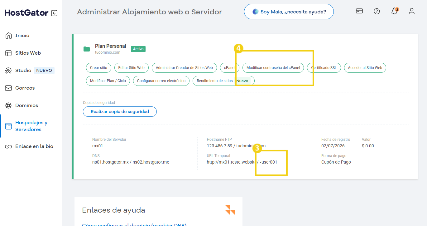 Imagen ilustrativa del portal del cliente, destacando en el menu superior la sección hospedaje y servidores y despues administrar indicando el boton de modificar contraseãna de cpanel