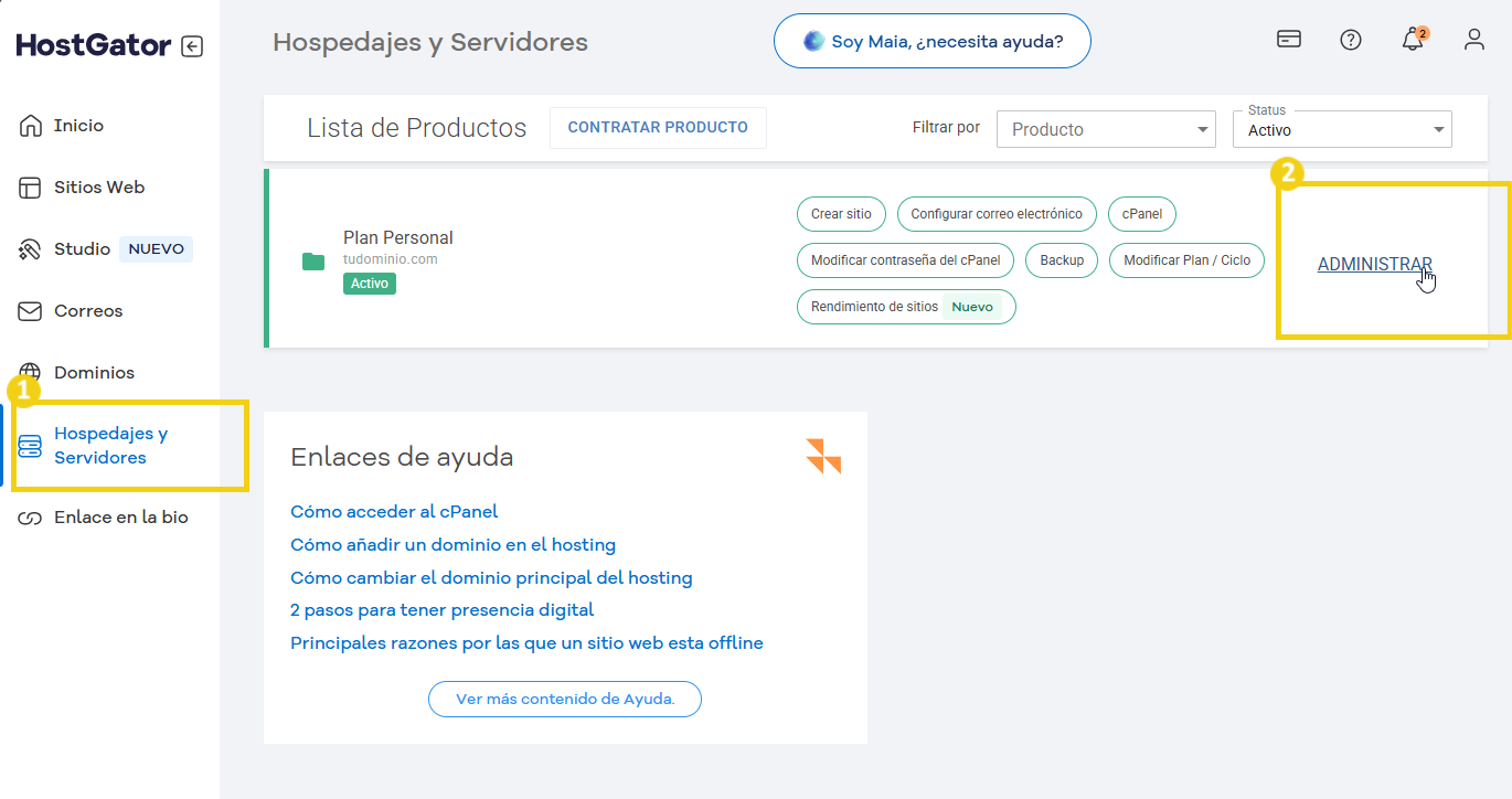 Imagen ilustrativa del portal del cliente, destacando en el menu superior la sección hospedaje y servidores y despues administrar