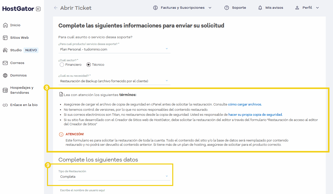 Imagen de una pantalla de registro en el panel de HostGator, donde se completan datos para abrir un ticket de soporte técnico o financiero