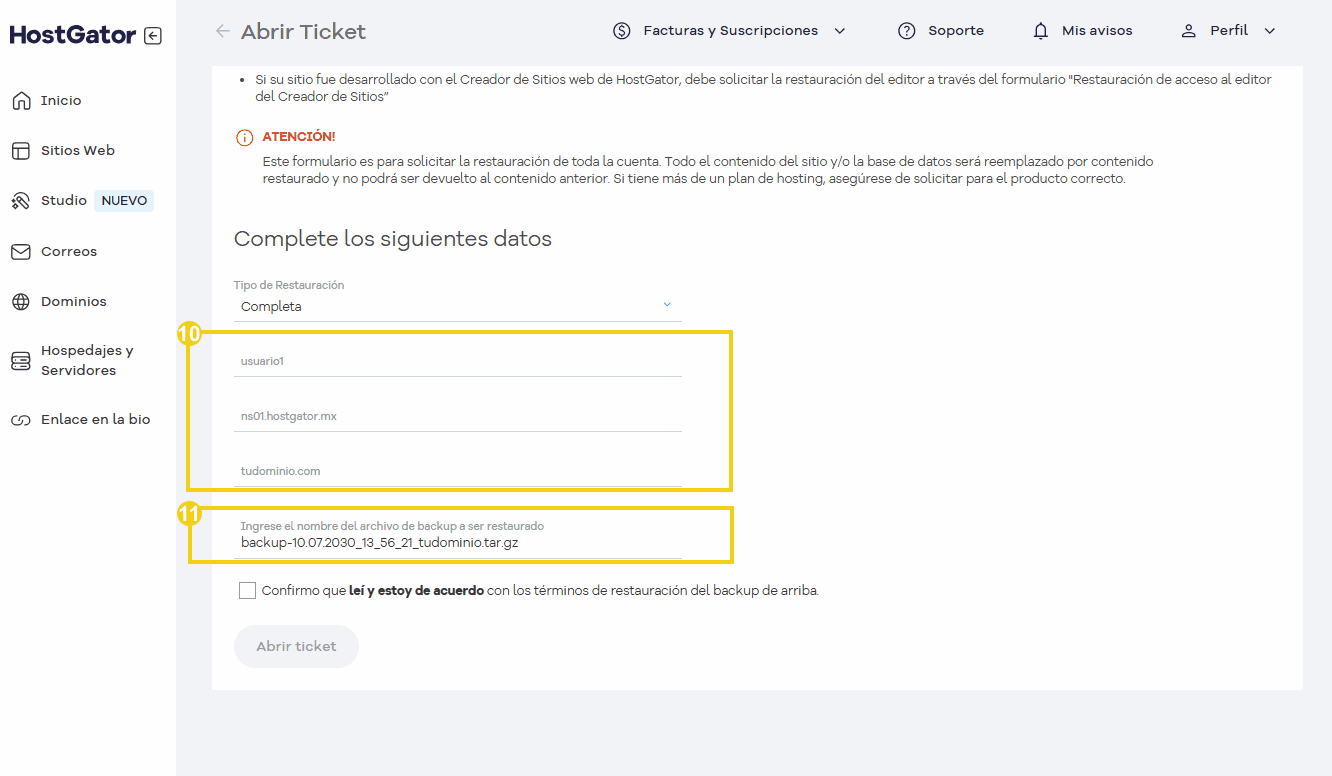 Pantalla de configuración de la copia de seguridad en cPanel mostrando campos para completar datos y opción para confirmar el procedimiento