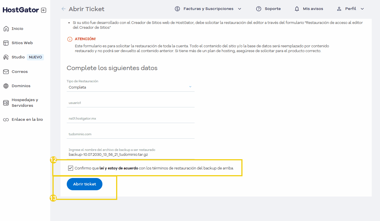 Pantalla de configuraciones de copia de seguridad en el Portal mostrando el procedimiento para solicitar restauración de copia de seguridad