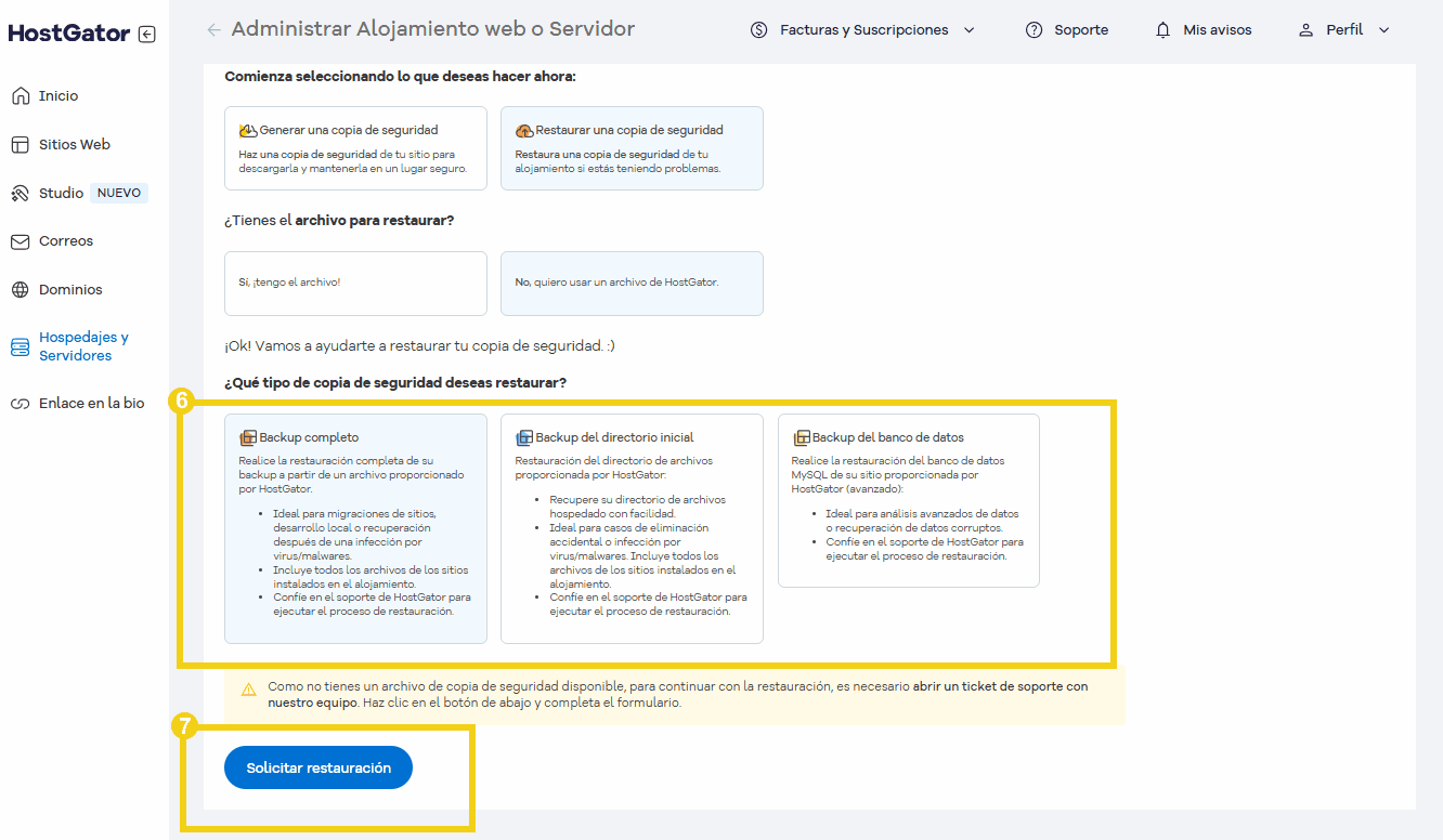 Imagen de la pantalla de gestión de hospedaje o servidor en la plataforma HostGator, mostrando opciones de restauración de copia de seguridad de base de datos, directorio inicial y copia de seguridad completa