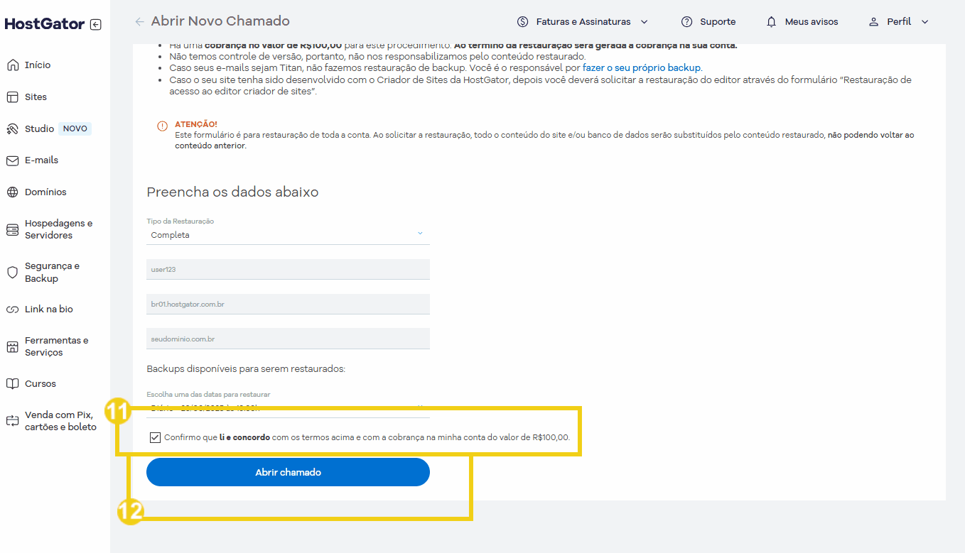 Imagen de una pantalla de confirmación en la plataforma HostGator, donde el usuario confirma la aceptación de los términos para restaurar backup
