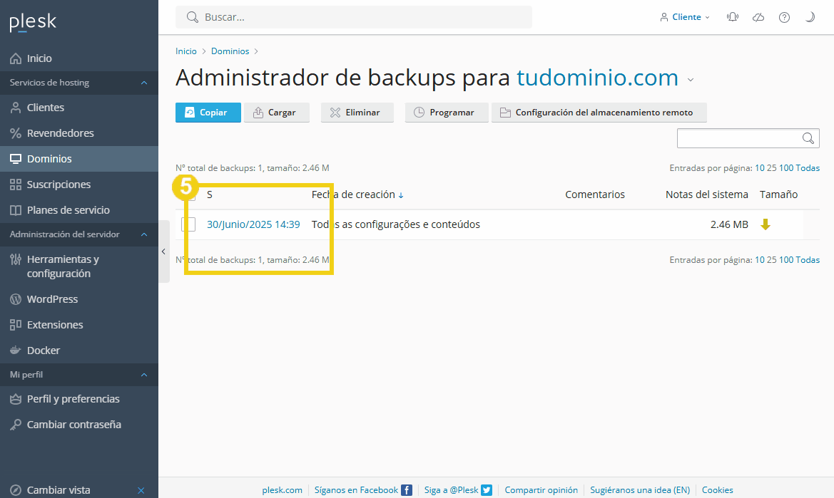 Pantalla del panel de control de backup de Hostgator mostrando una opción de programación de backup e información de archivo