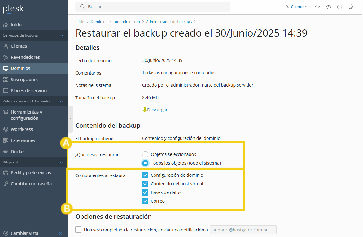 Pantalla de configuración de backup en el sistema Plesk, mostrando opciones de restauración y selección de objetos a restaurar