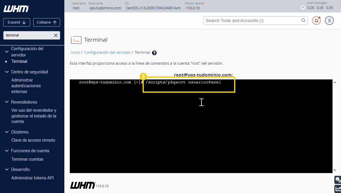 Imagen de terminal de servidor con comando para remover usuario del cPanel usando el script removevact