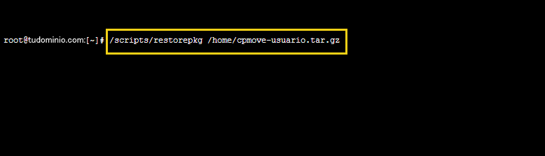 Imagen de un comando en el terminal del servidor root@tudominio.com, donde se ejecuta el script 'restaurapk' para restaurar la ruta del archivo en el servidor