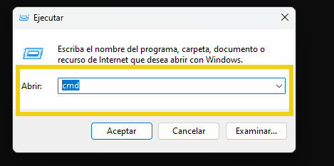 timizado: abrir-comando-windows-cmd.webp  alt text: Pantalla de ejecución de Windows mostrando el comando 'cmd' en el cuadro de diálogo para abrir el Símbolo del sistema, simbolizando el uso de comandos en el sistema operativo Windows