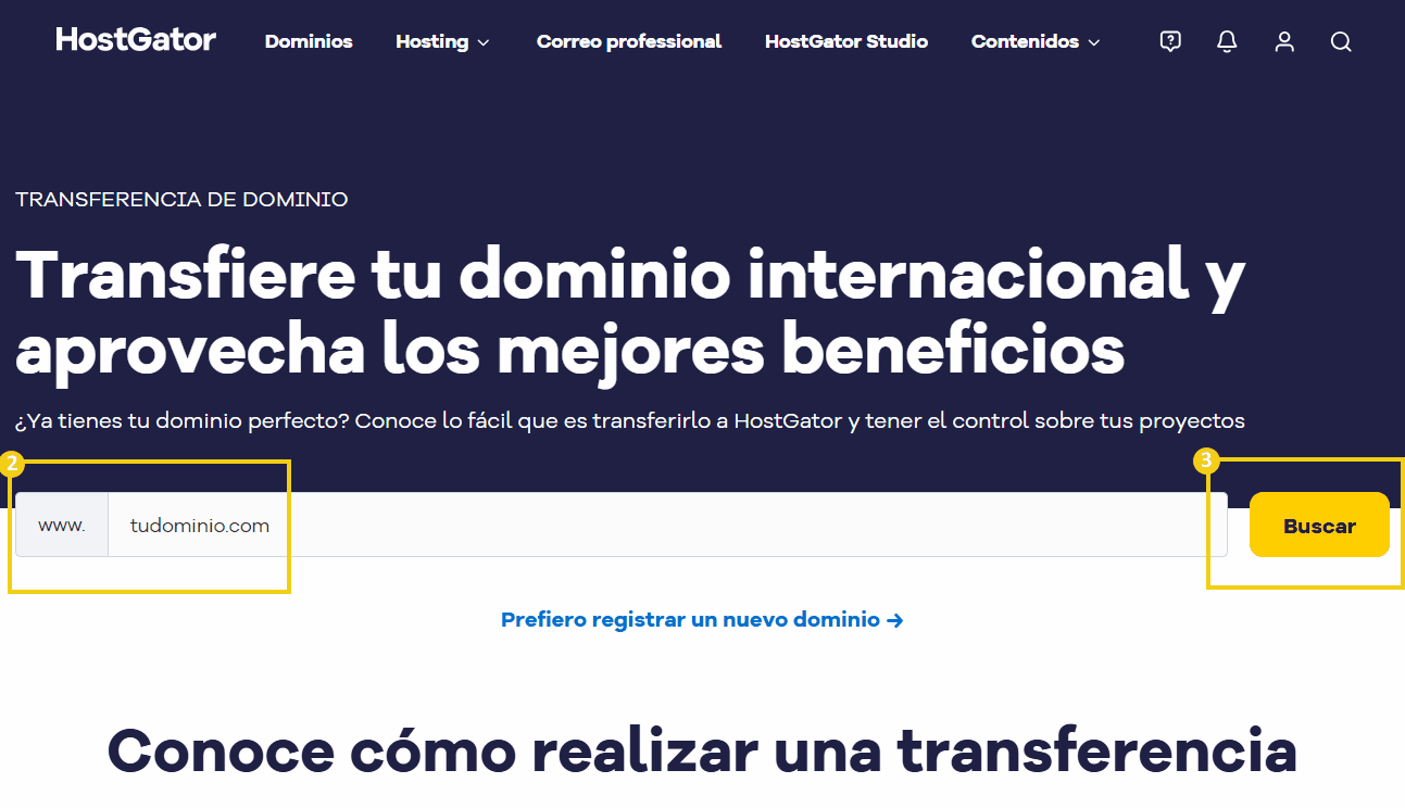 Imagen de una página de transferencia de dominio del HostGator, con campos para insertar el dominio y buscar opciones de transferencia, promoviendo servicios de transferencia de dominio internacional