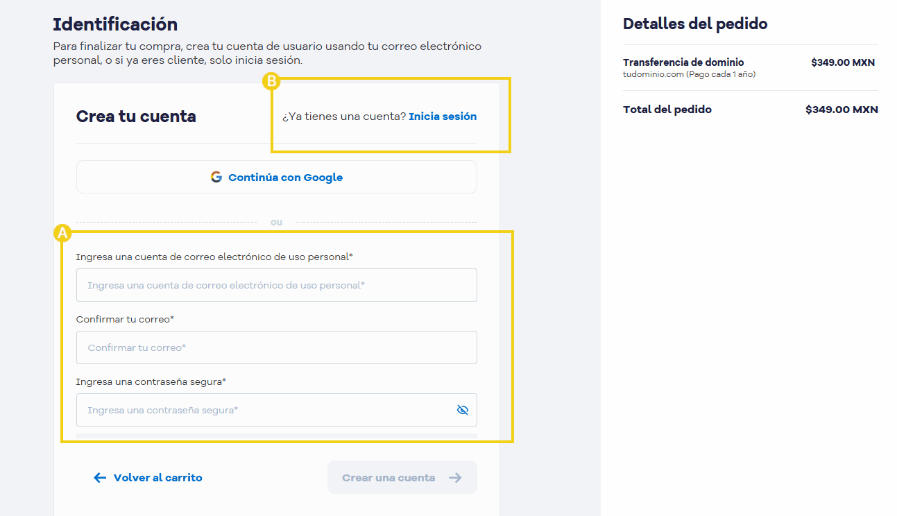 Imagen mostrando paso a paso de cómo crear o acceder a una cuenta en HostGator para transferencia de dominio, incluyendo campos para correo electrónico, confirmación de correo electrónico, teléfono y creación de contraseña